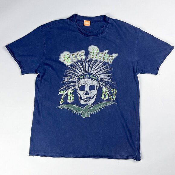 Vintage Graphic T-Shirt | Y2K Blue 'Rock The Casbah' Studded Large Front Graphic - Picture 1 of 8